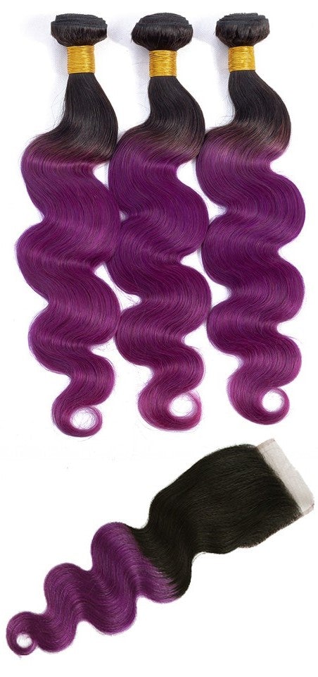 Body Wave 10A Grade Purples #1B/ purple 3/4 BUNDLES with CLOSURES & FR - GlamAura