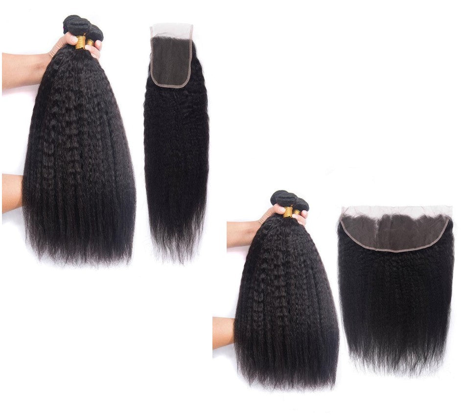 10A Grade 3/4 Kinky Straight Bundles With 4x4 Closures and 13x4 Fronta - GlamAura