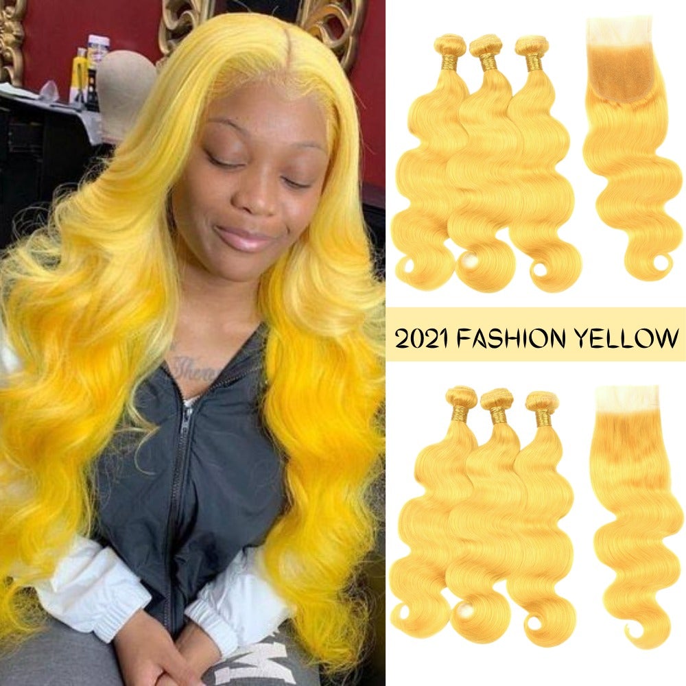 #Yellow 10A Grade #1B/Yellow Body Wave 3/4 BUNDLES with CLOSURES & FRO - GlamAura