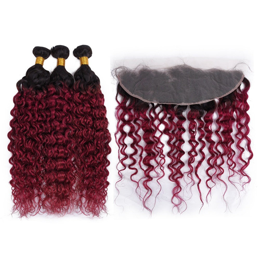 Burg 10A Grade Water Wave #1B/Burgundy BUNDLES with CLOSURES & FRONTAL - GlamAura