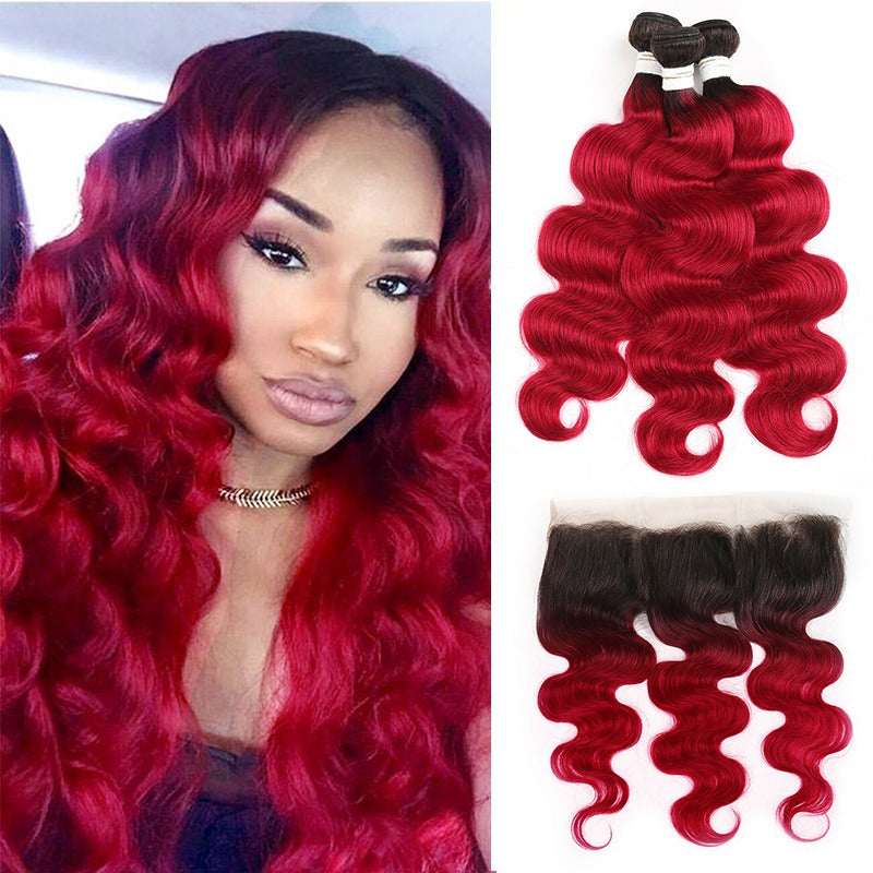 Burgundy 10A Grade Body Wave #1B/Burgundy BUNDLES with CLOSURES & FRON - GlamAura