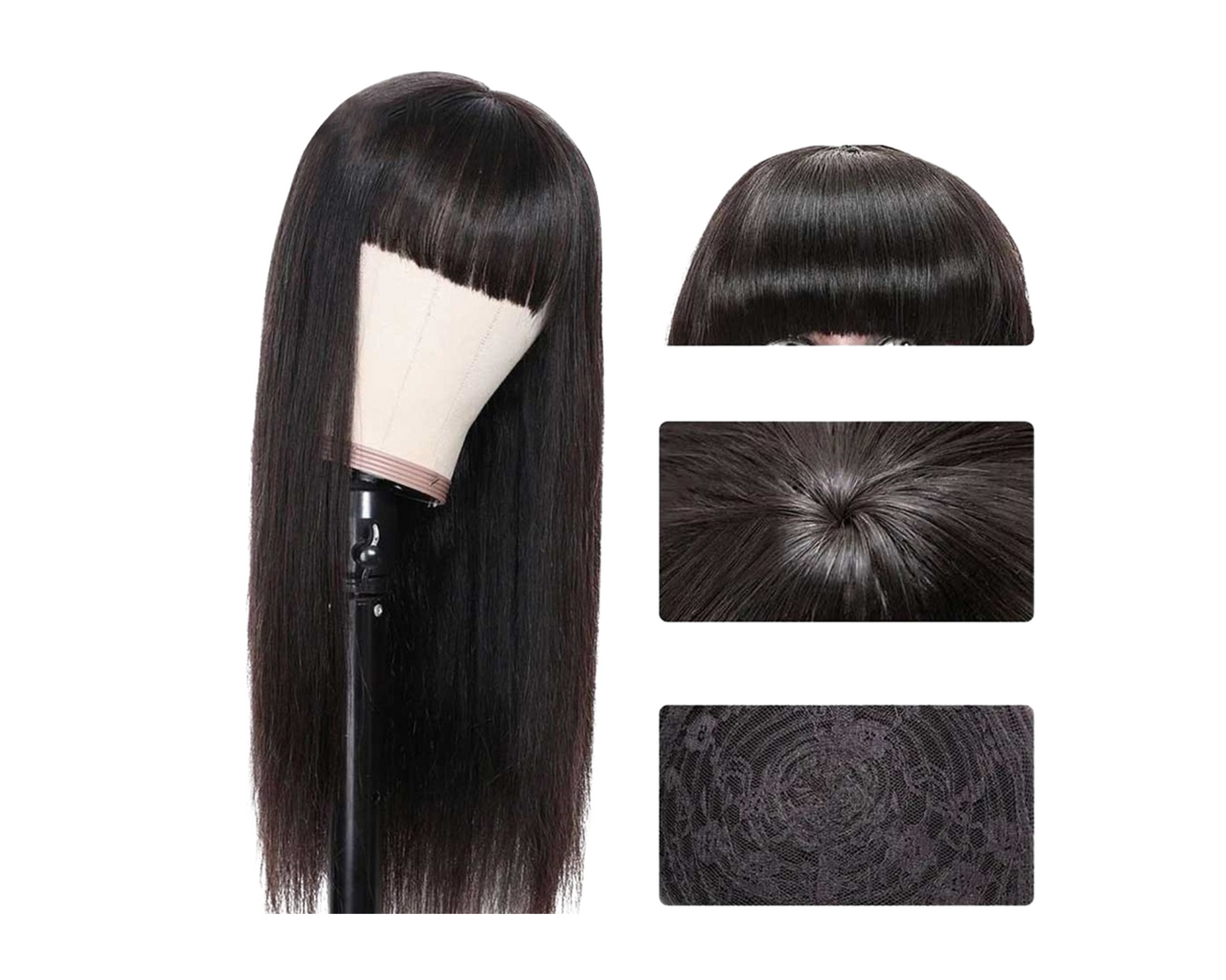 Straight Human Hair Wigs With Bangs Full Machine Made Brazilian Human - GlamAura