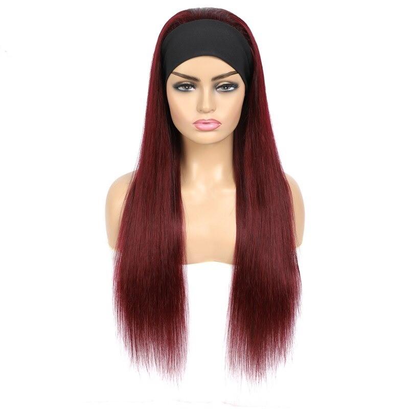 Burgundy Headband Straight Human Hair Wig #99J Scarf Wig No GLUE Easy - GlamAura