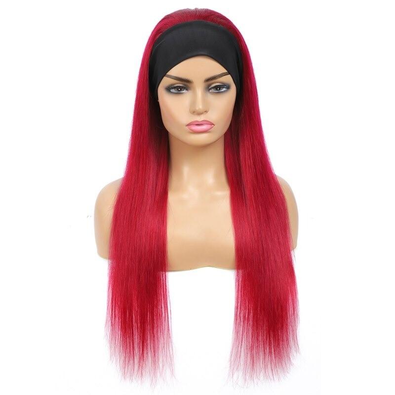 Burgundy Headband Straight Human Hair Wig #99J Scarf Wig No GLUE Easy - GlamAura