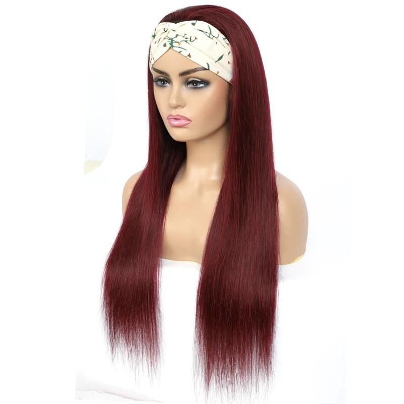 Burgundy Headband Straight Human Hair Wig #99J Scarf Wig No GLUE Easy - GlamAura