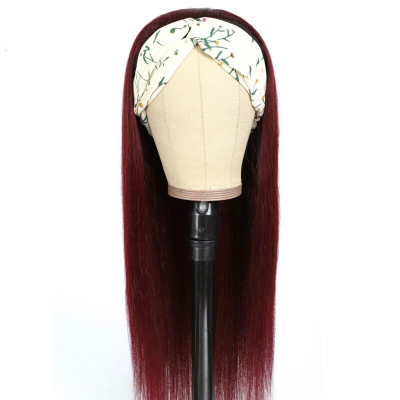 Burgundy Headband Straight Human Hair Wig #99J Scarf Wig No GLUE Easy - GlamAura