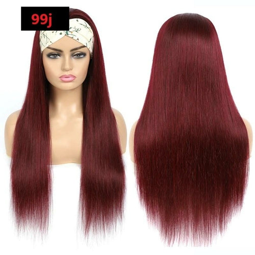 Burgundy Headband Straight Human Hair Wig #99J Scarf Wig No GLUE Easy - GlamAura