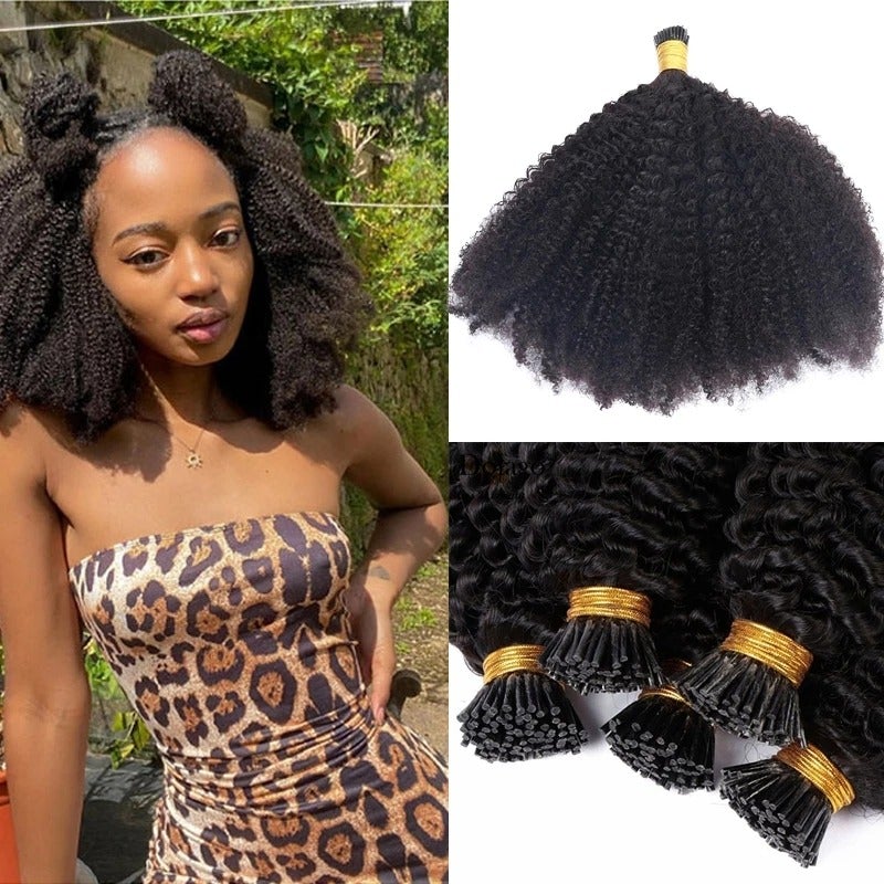 Mongalian Afro Kinky Curly i Tip Microlinks Braiding Human Hair Extens - GlamAura