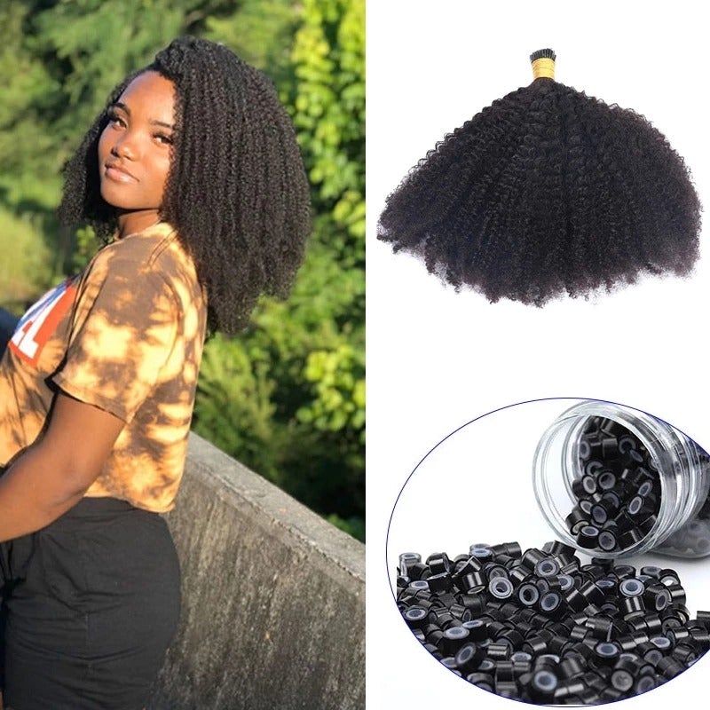 Mongalian Afro Kinky Curly i Tip Microlinks Braiding Human Hair Extens - GlamAura