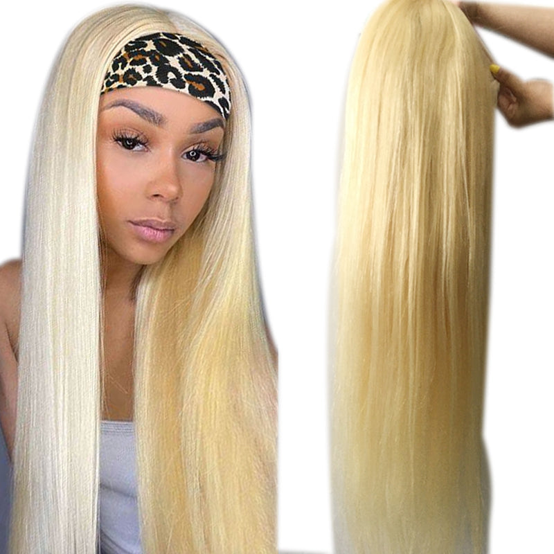 Straight 1B/613 Headband Human Hair Wigs For Black Women Blonde Scarf - GlamAura