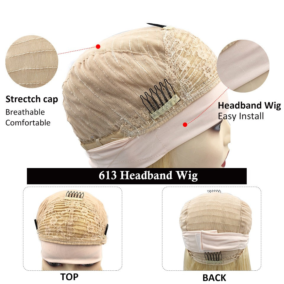 Straight 1B/613 Headband Human Hair Wigs For Black Women Blonde Scarf - GlamAura