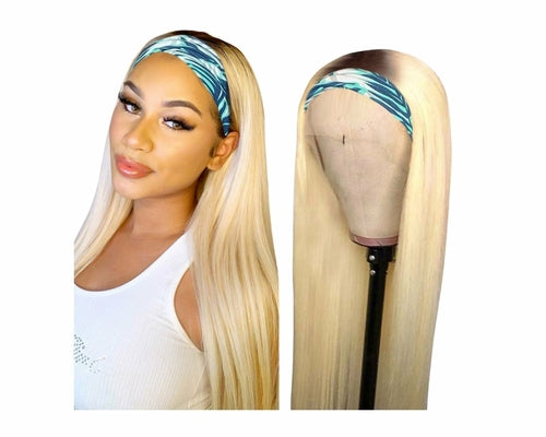 Straight 1B/613 Headband Human Hair Wigs For Black Women Blonde Scarf - GlamAura