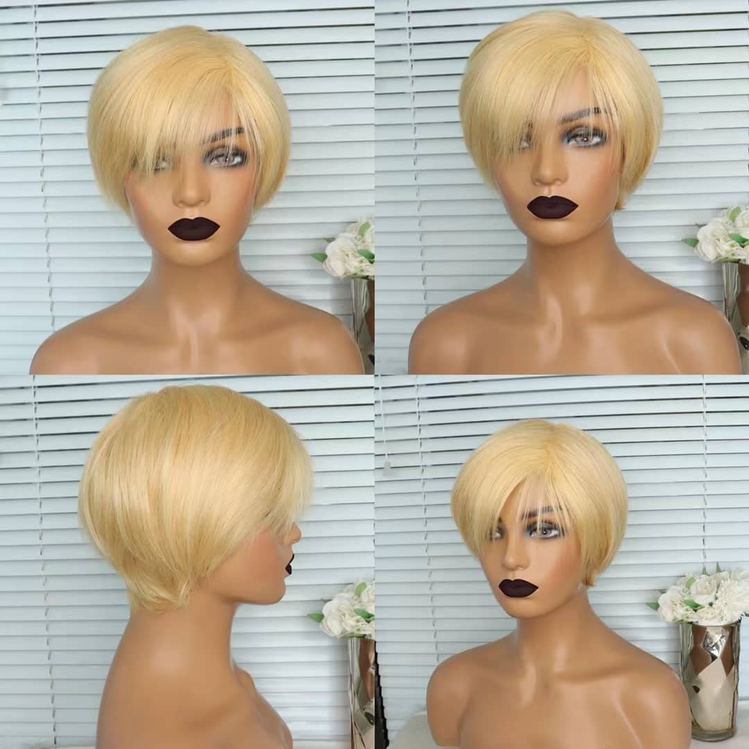 6inch #Burg Pixie Short Cut 100% Straight Human Hair Wig with Bangs Br - GlamAura