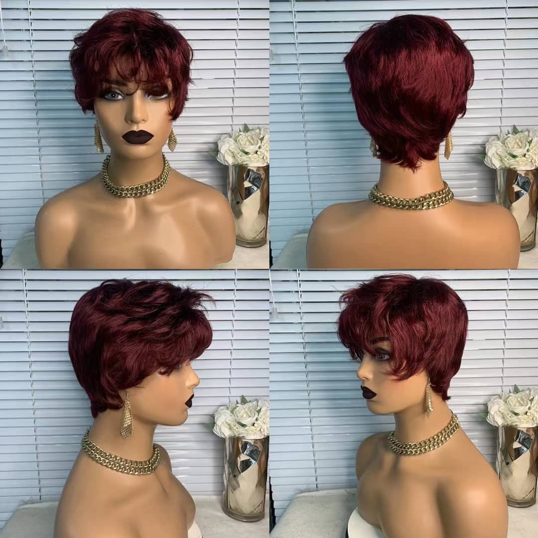 6inch #Burg Pixie Short Cut 100% Straight Human Hair Wig with Bangs Br - GlamAura