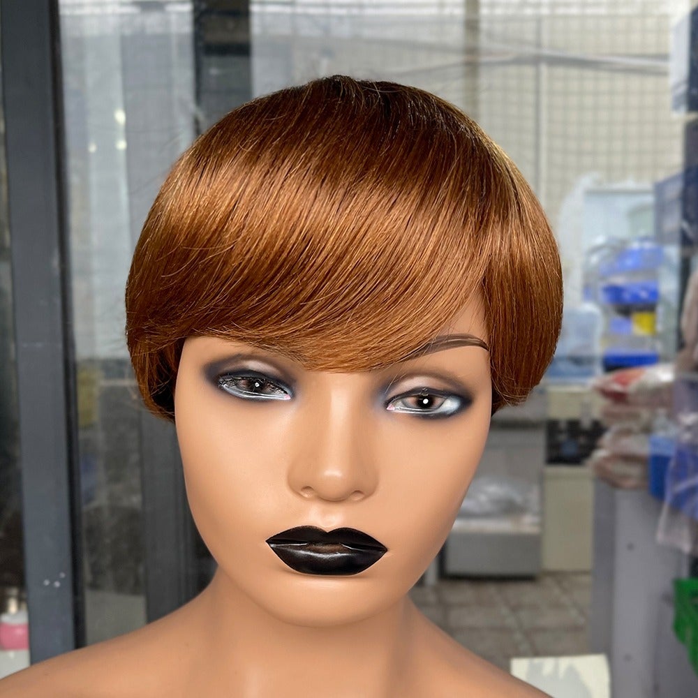 6inch #Burg Pixie Short Cut 100% Straight Human Hair Wig with Bangs Br - GlamAura