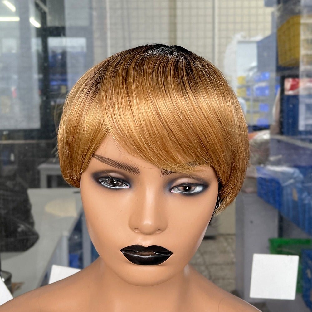 6inch #Burg Pixie Short Cut 100% Straight Human Hair Wig with Bangs Br - GlamAura