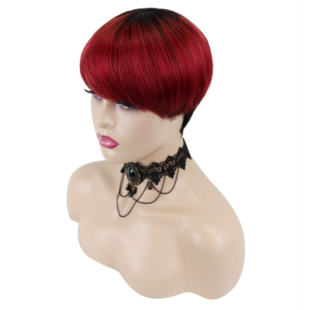 6inch #Burg Pixie Short Cut 100% Straight Human Hair Wig with Bangs Br - GlamAura
