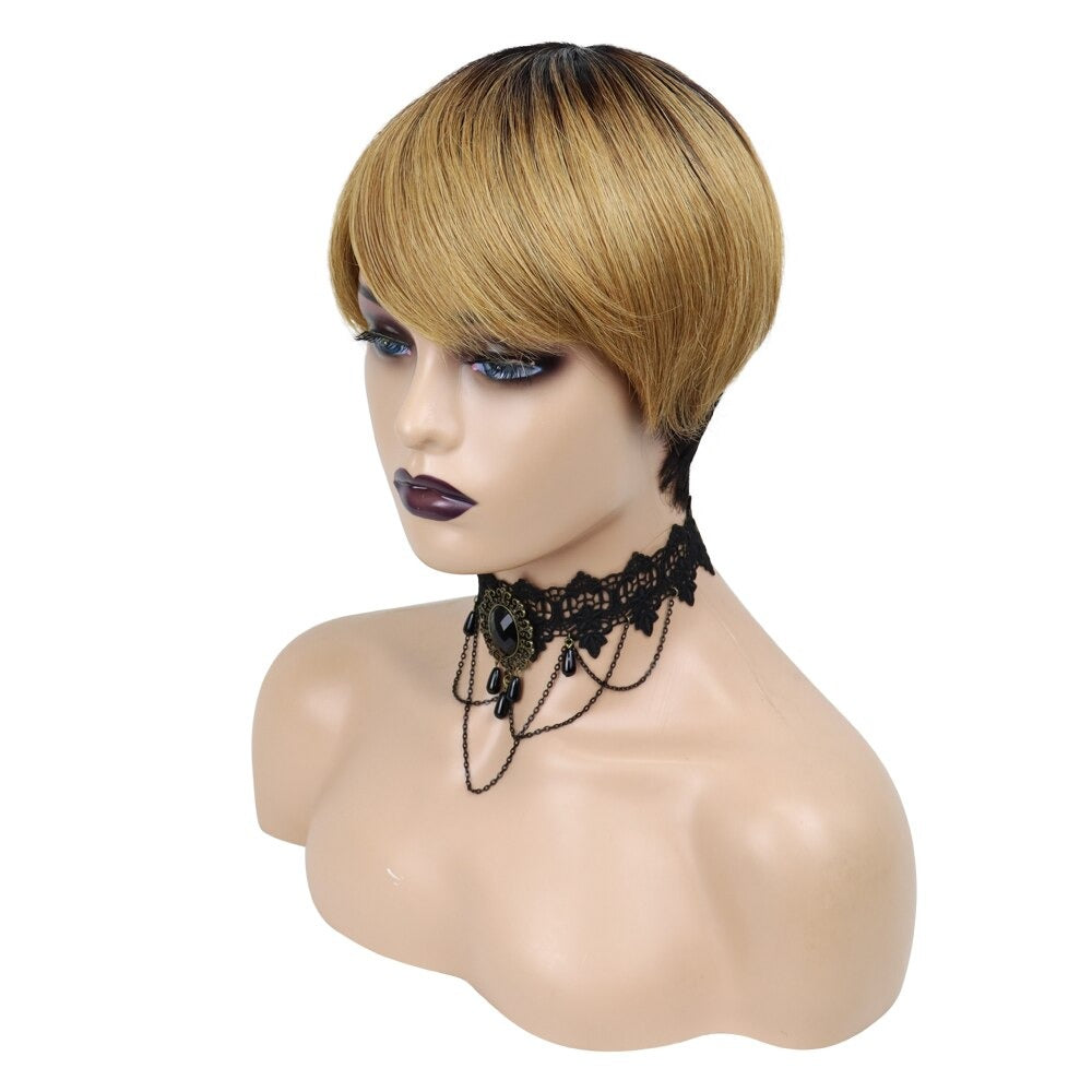 6inch #Burg Pixie Short Cut 100% Straight Human Hair Wig with Bangs Br - GlamAura