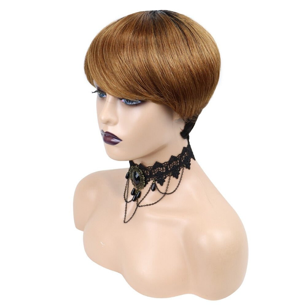 6inch #Burg Pixie Short Cut 100% Straight Human Hair Wig with Bangs Br - GlamAura