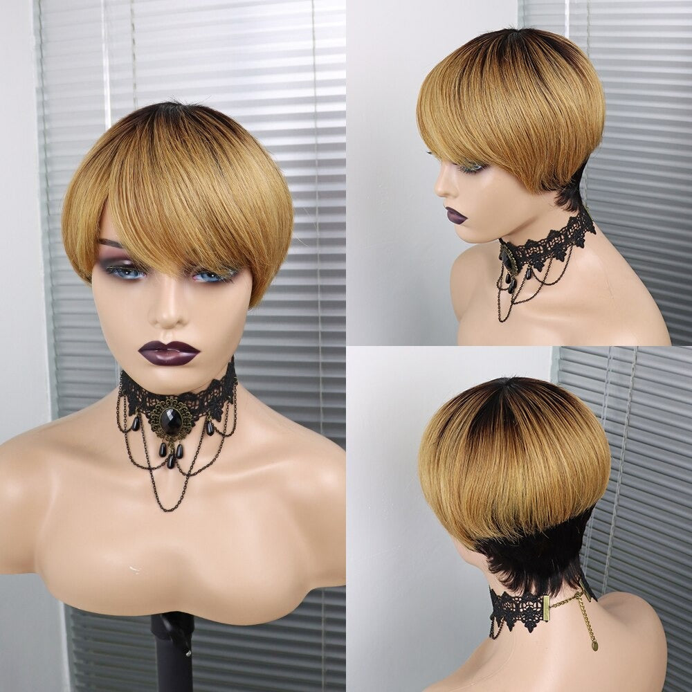 6inch #Burg Pixie Short Cut 100% Straight Human Hair Wig with Bangs Br - GlamAura