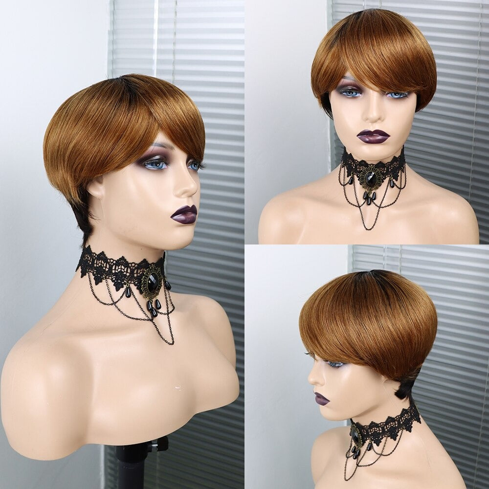6inch #Burg Pixie Short Cut 100% Straight Human Hair Wig with Bangs Br - GlamAura