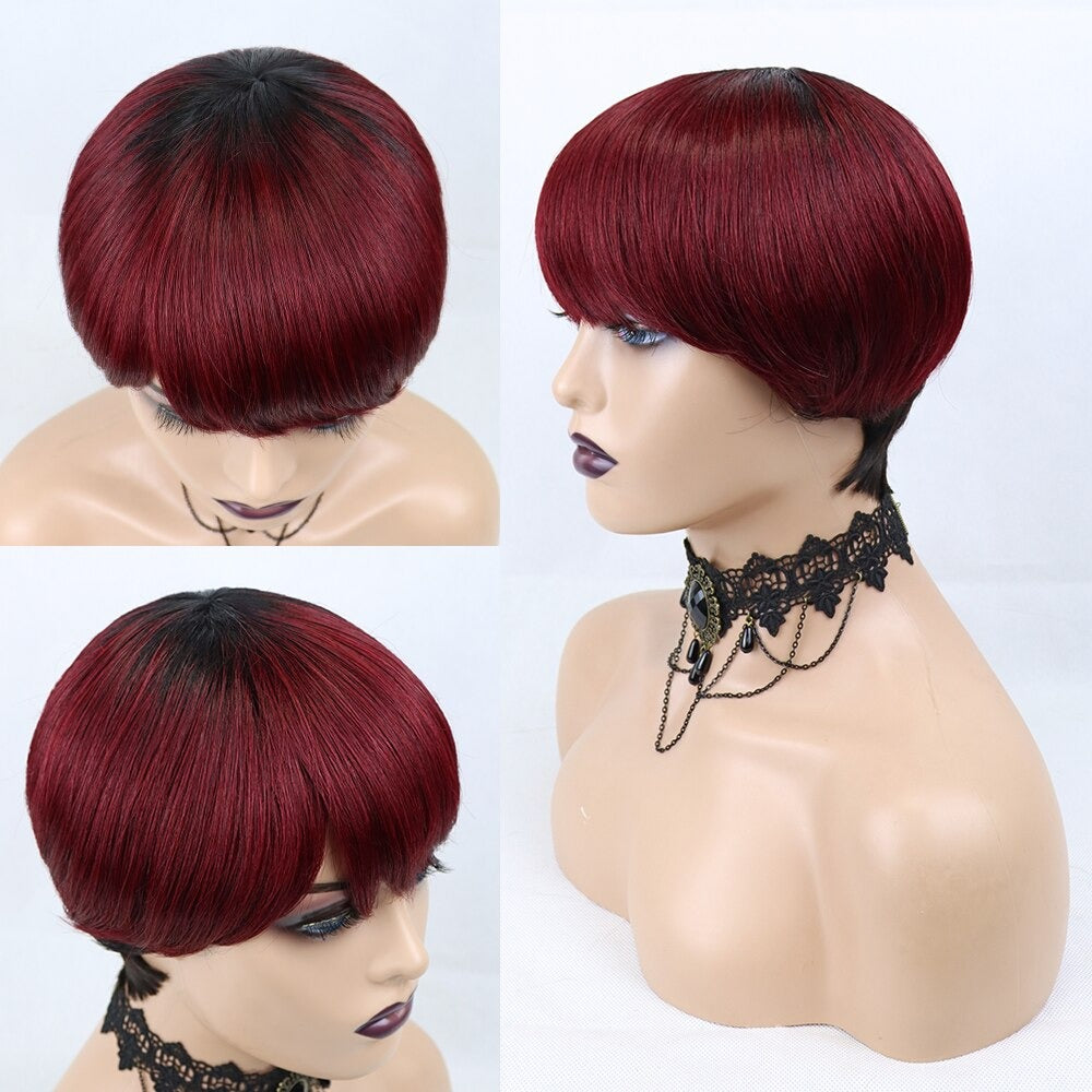 6inch #Burg Pixie Short Cut 100% Straight Human Hair Wig with Bangs Br - GlamAura