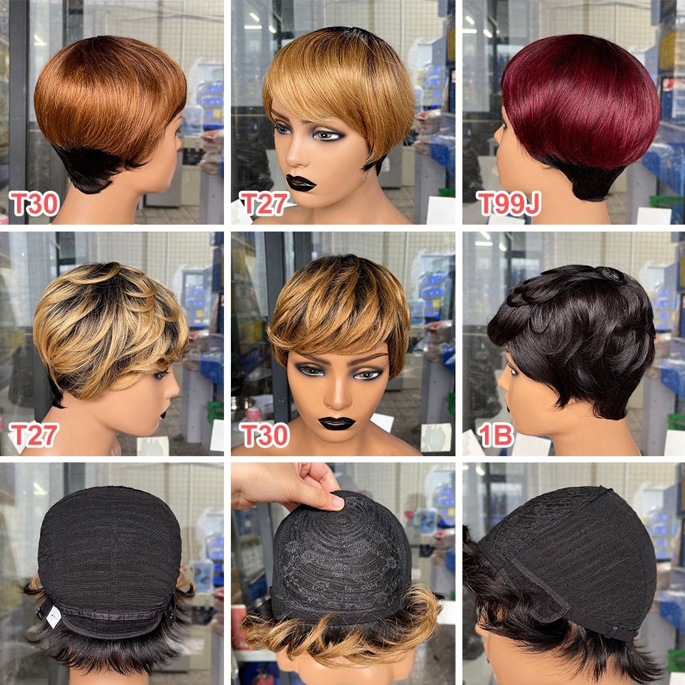 6inch #Burg Pixie Short Cut 100% Straight Human Hair Wig with Bangs Br - GlamAura