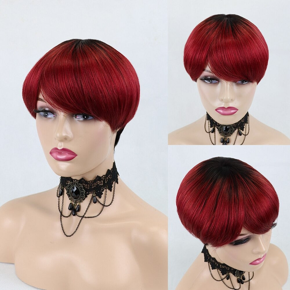 6inch #Burg Pixie Short Cut 100% Straight Human Hair Wig with Bangs Br - GlamAura
