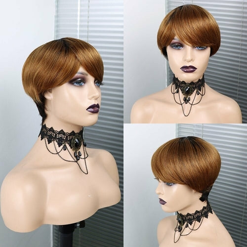 6inch #Burg Pixie Short Cut 100% Straight Human Hair Wig with Bangs Br - GlamAura