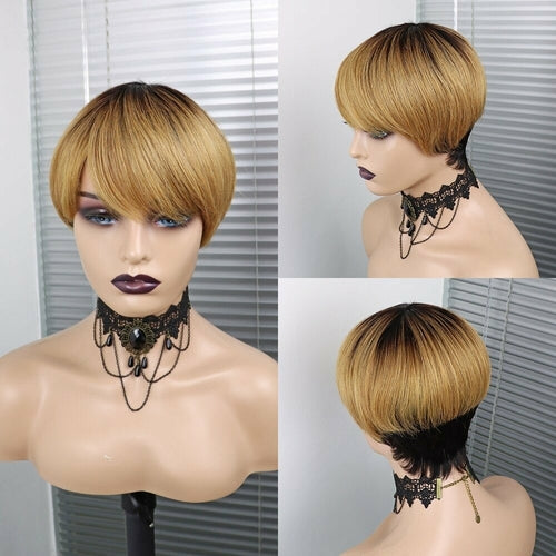 6inch #Burg Pixie Short Cut 100% Straight Human Hair Wig with Bangs Br - GlamAura