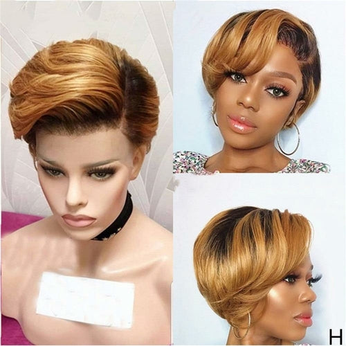Ombre Short Bob Pixie Cut 13x4x1 T Lace Front Straight Human Hair Wigs - GlamAura