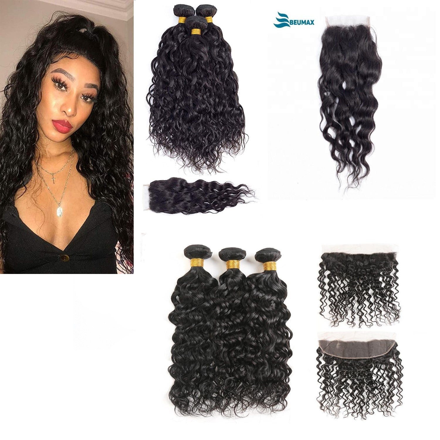 10A Grade 3/4 Water Wave Human Hair bundles with  4x4 Closures & 13x4 - GlamAura