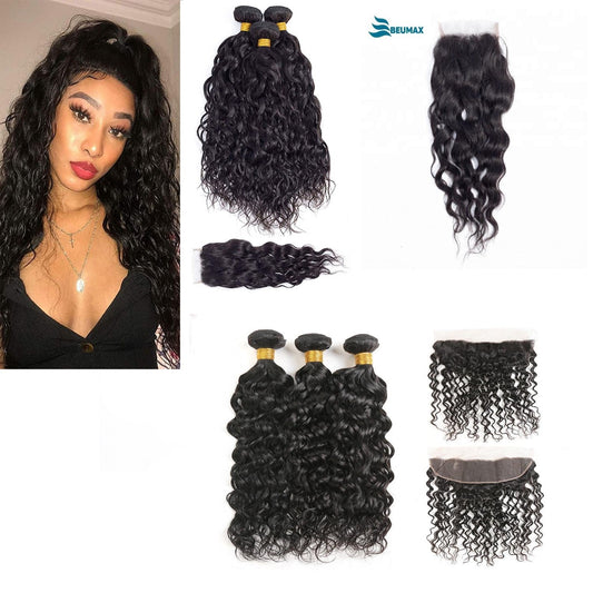 10A Grade 3/4 Water Wave Human Hair bundles with  4x4 Closures & 13x4 - GlamAura