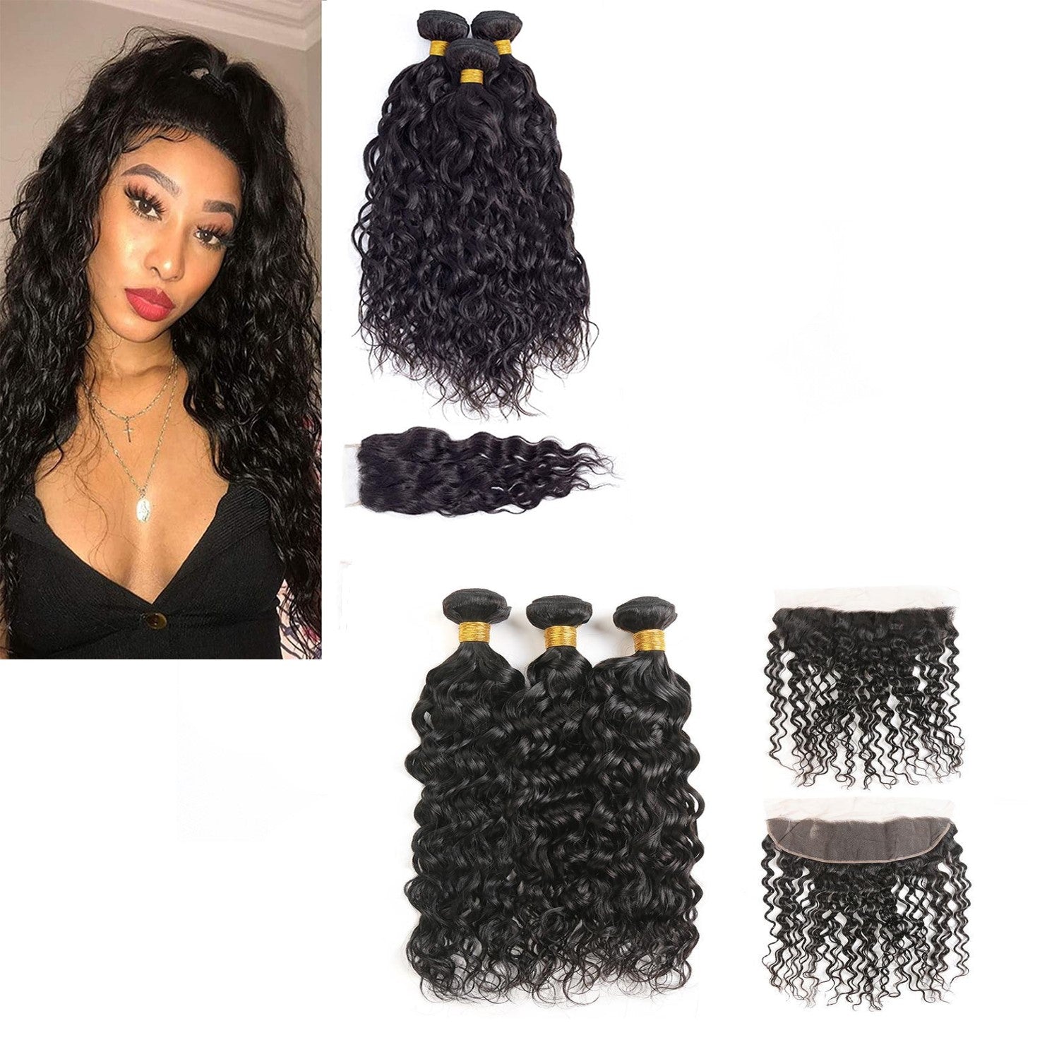 10A Grade 3/4 Water Wave Human Hair bundles with  4x4 Closures & 13x4 - GlamAura
