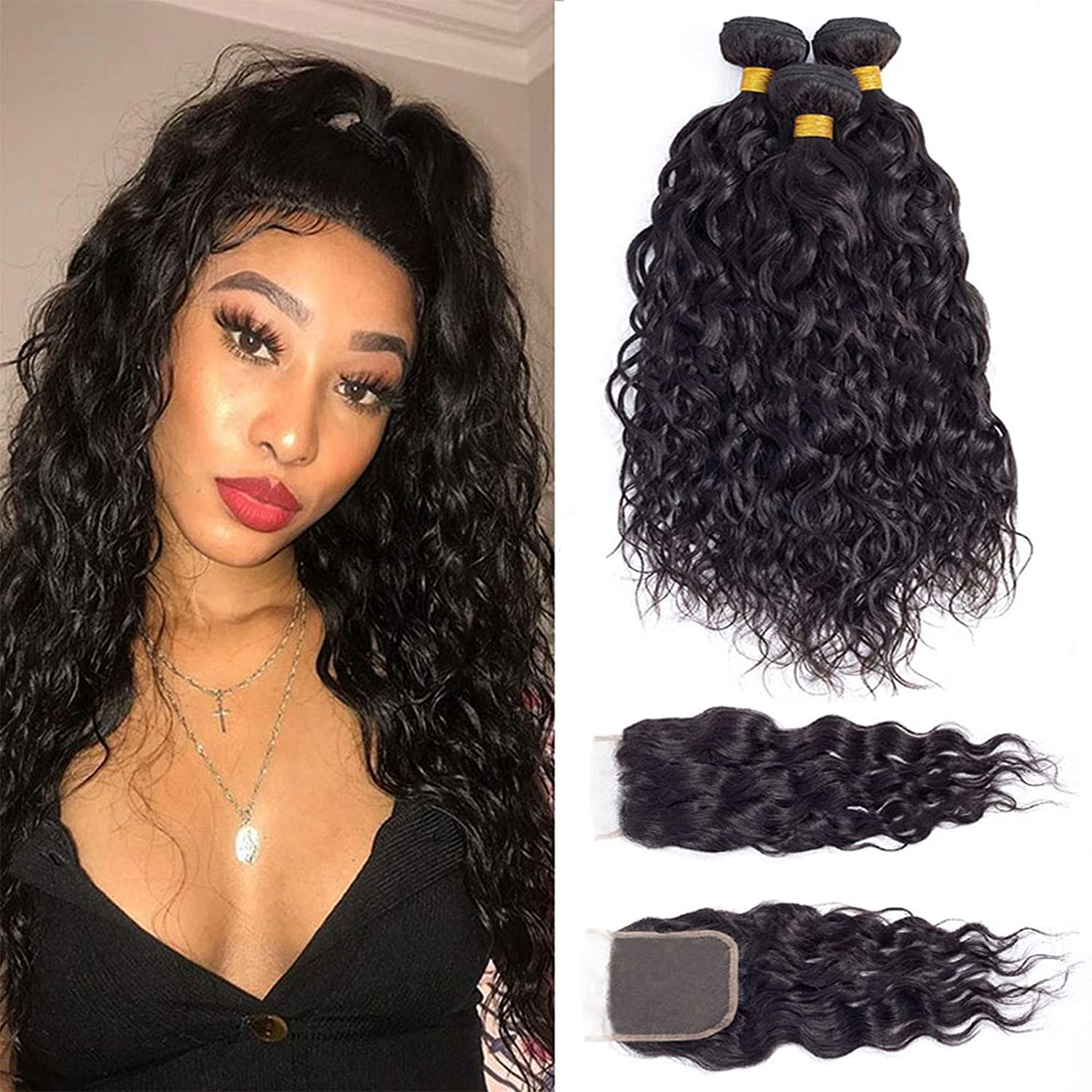10A Grade 3/4 Water Wave Human Hair bundles with  4x4 Closures & 13x4 - GlamAura