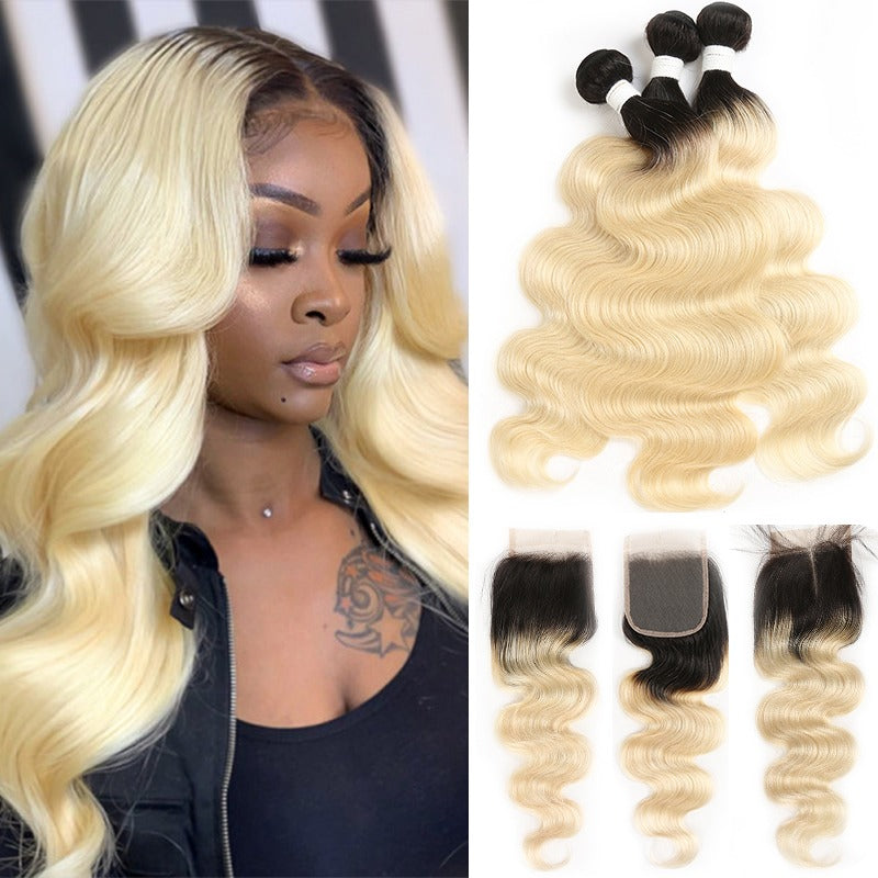 Blonde Body Wave #1B/613 BUNDLES with CLOSURES & FRONTALS - GlamAura