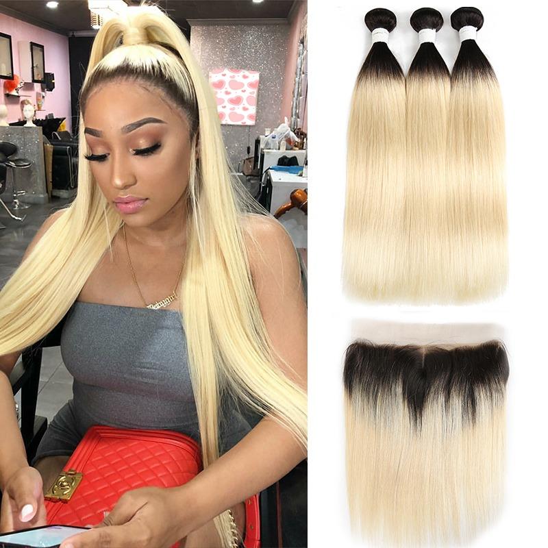Brazilian Blonde 10A Grade #1B/613 Straight BUNDLES with CLOSURES & FR - GlamAura