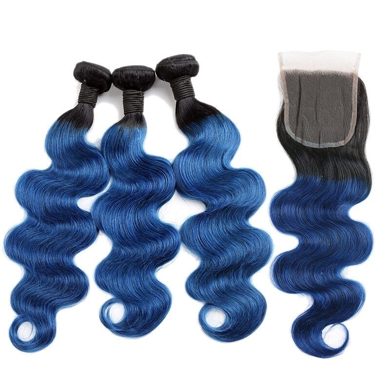 10A Grade Blue Body Wave BUNDLES with CLOSURES & FRONTALS #1B/ blue - GlamAura
