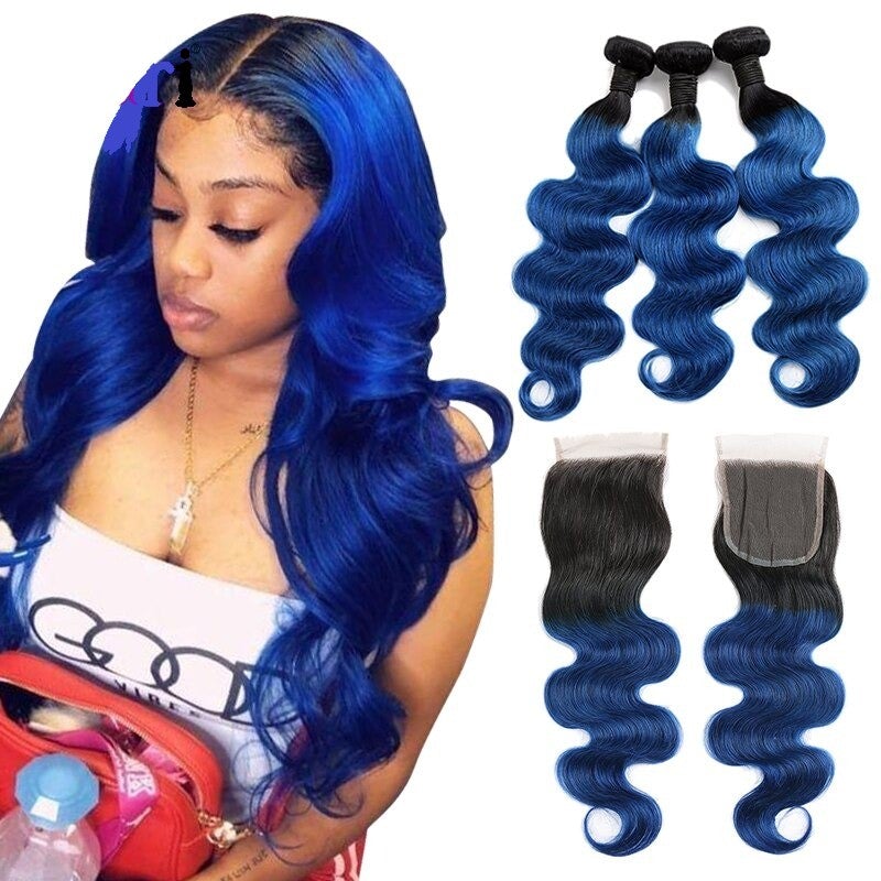 10A Grade Blue Body Wave BUNDLES with CLOSURES & FRONTALS #1B/ blue - GlamAura