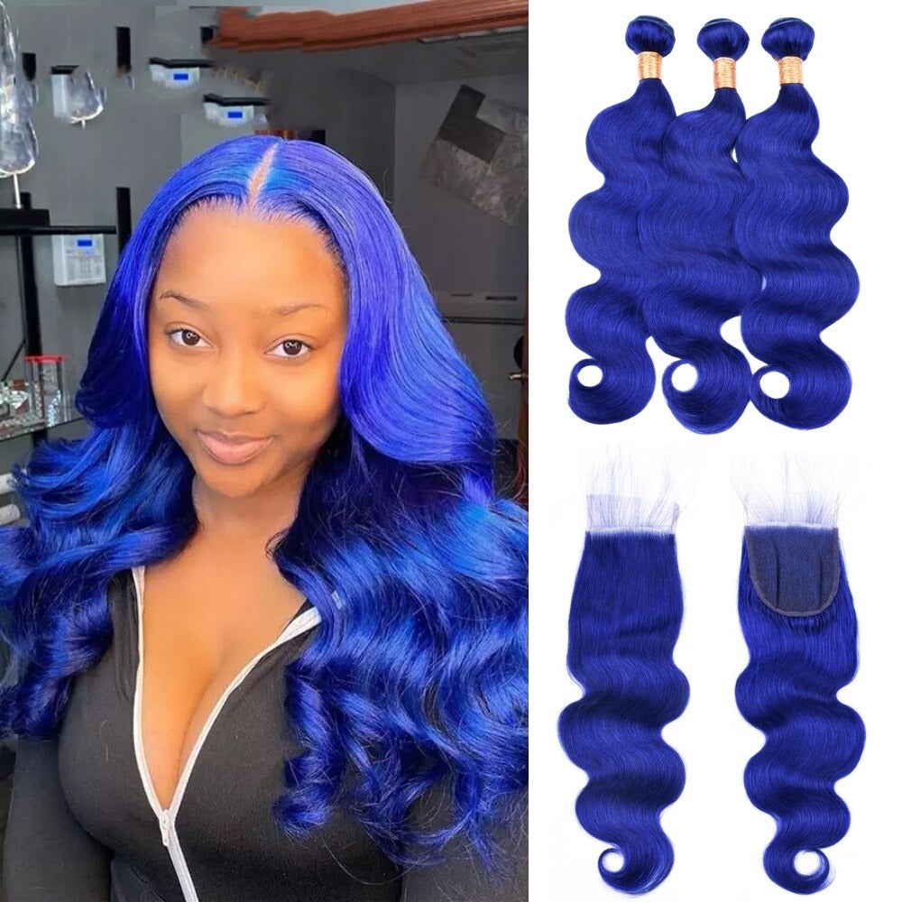 10A Grade Blue Body Wave BUNDLES with CLOSURES & FRONTALS #1B/ blue - GlamAura