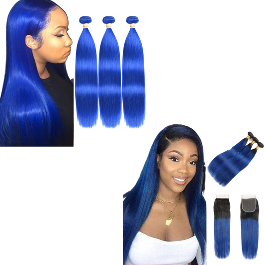 10A Grade Brazilian Blue Straight BUNDLES with CLOSURES & FRONTALS #1B - GlamAura