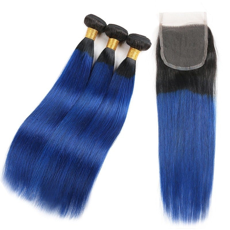 10A Grade Brazilian Blue Straight BUNDLES with CLOSURES & FRONTALS #1B - GlamAura