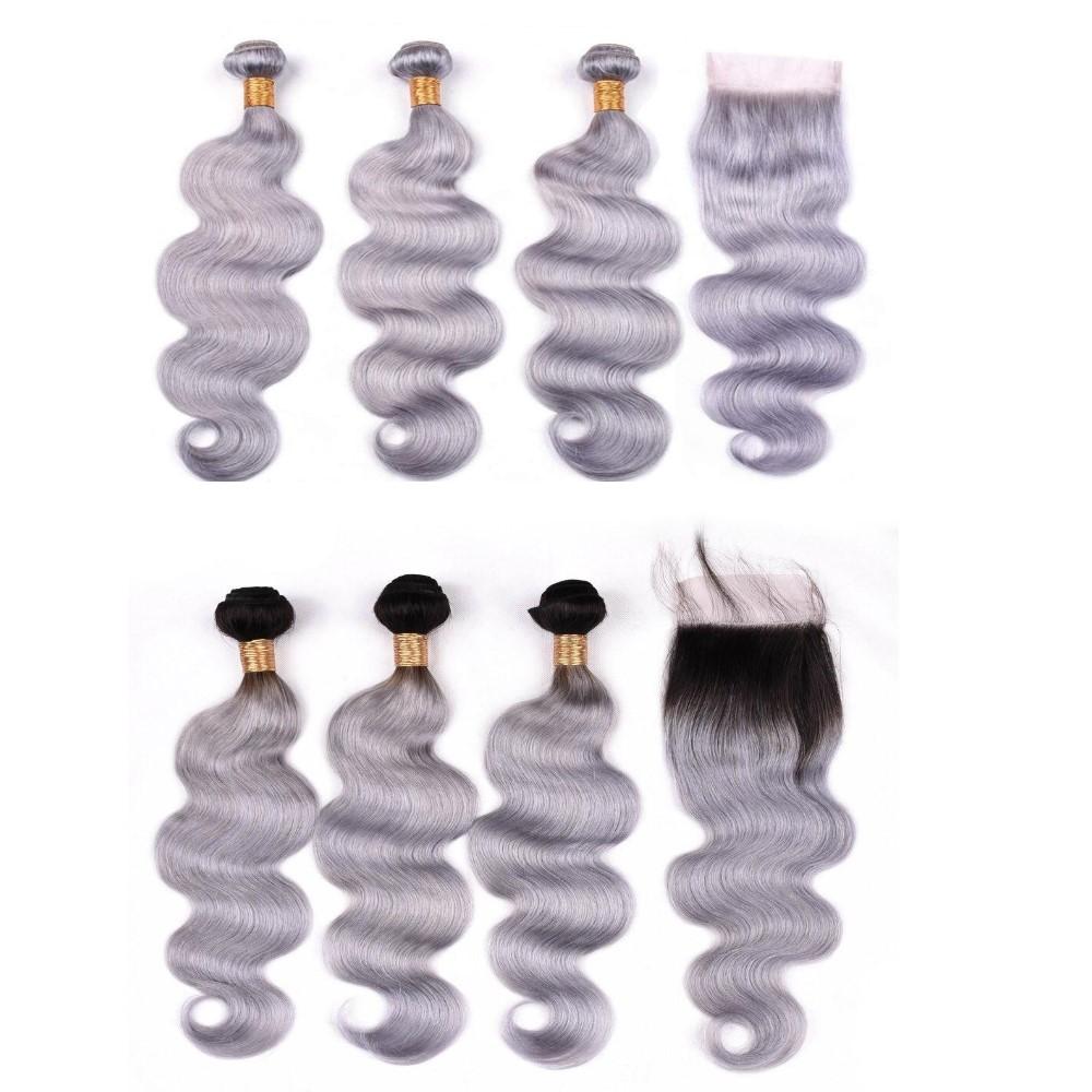 Gray 10A Grade Silver #1B/ Silver  3/4 Body Wave BUNDLES with CLOSURES - GlamAura