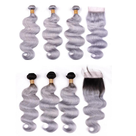 Gray 10A Grade Silver #1B/ Silver  3/4 Body Wave BUNDLES with CLOSURES - GlamAura