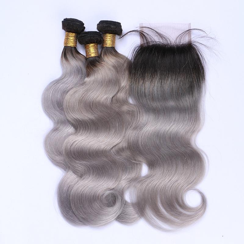 Gray 10A Grade Silver #1B/ Silver  3/4 Body Wave BUNDLES with CLOSURES - GlamAura