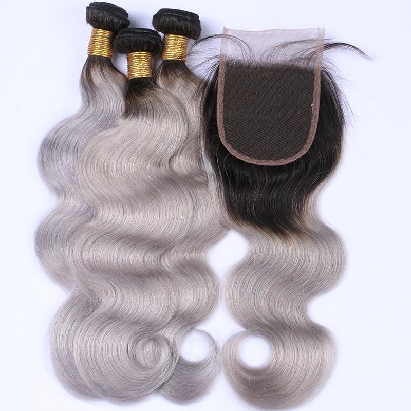 Gray 10A Grade Silver #1B/ Silver  3/4 Body Wave BUNDLES with CLOSURES - GlamAura