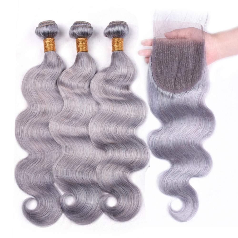 Gray 10A Grade Silver #1B/ Silver  3/4 Body Wave BUNDLES with CLOSURES - GlamAura