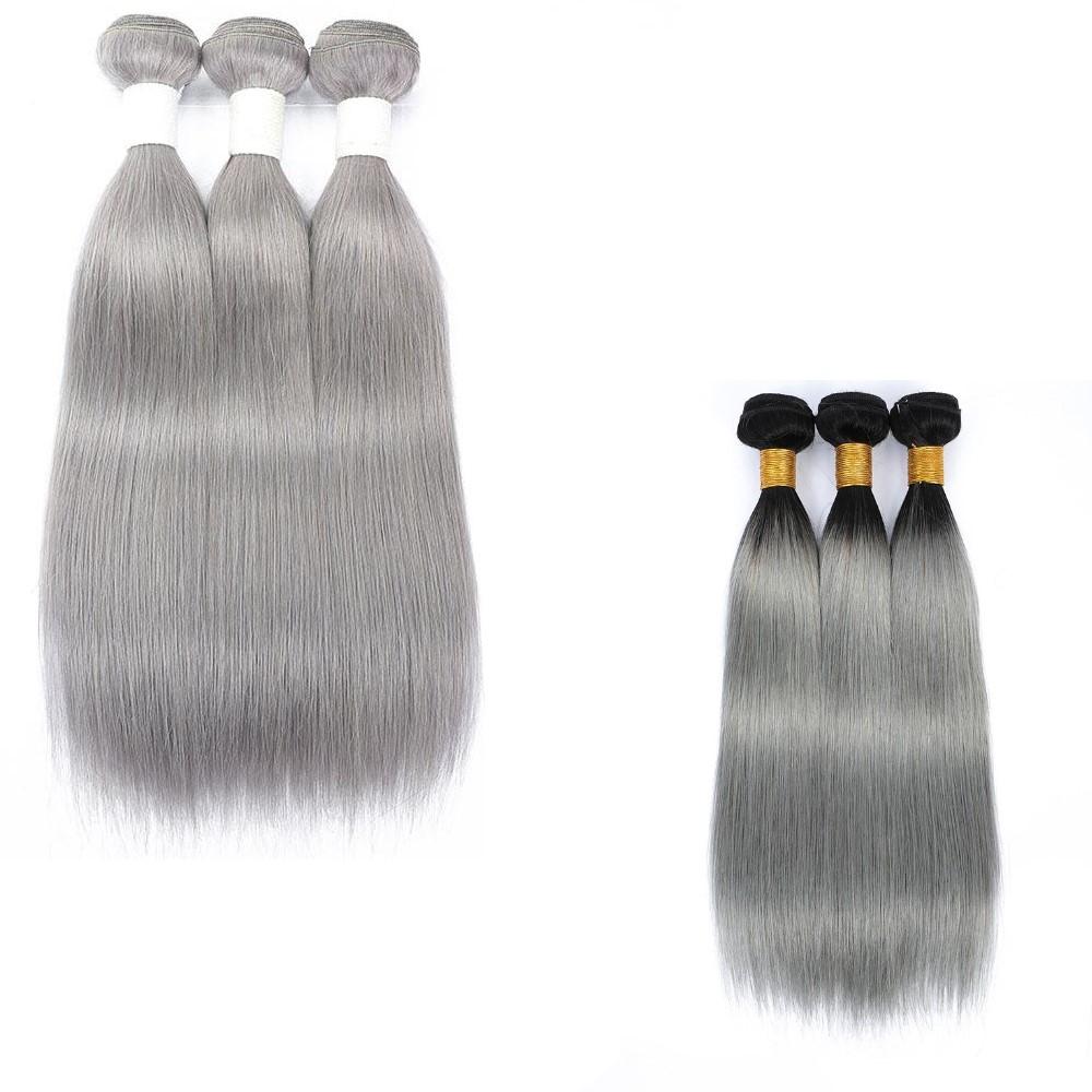 Gray 10A Grade Silver #1B/ Silver Straight 3/4 BUNDLES with CLOSURES & - GlamAura
