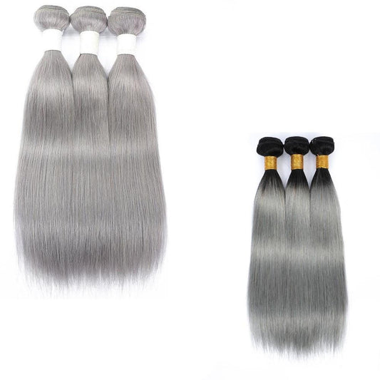 Gray 10A Grade Silver #1B/ Silver Straight 3/4 BUNDLES with CLOSURES & - GlamAura