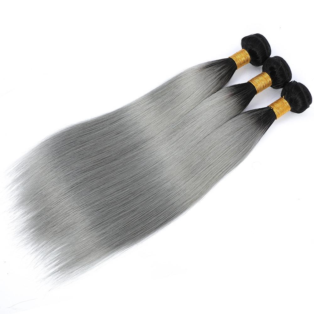 Gray 10A Grade Silver #1B/ Silver Straight 3/4 BUNDLES with CLOSURES & - GlamAura